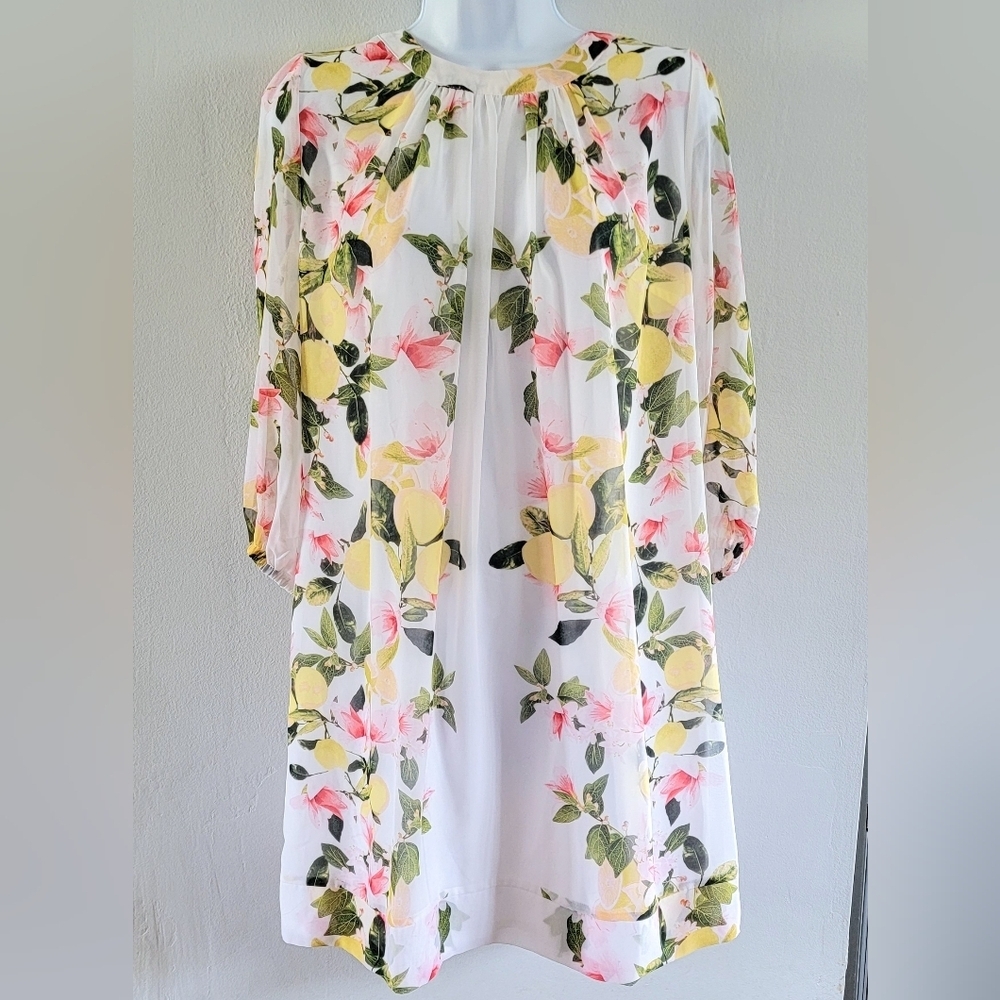 S NY&Co Eva Mendes Lemon Floral Graphic Print Shift Semi Sheer Spring Summer